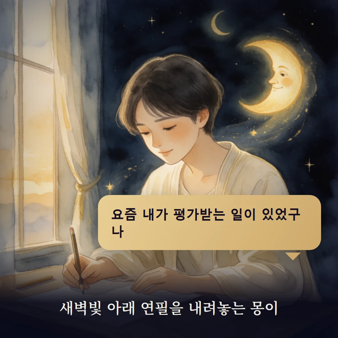 이야기 4컷 — 새벽빛 아래 연필을 내려놓는 몽이