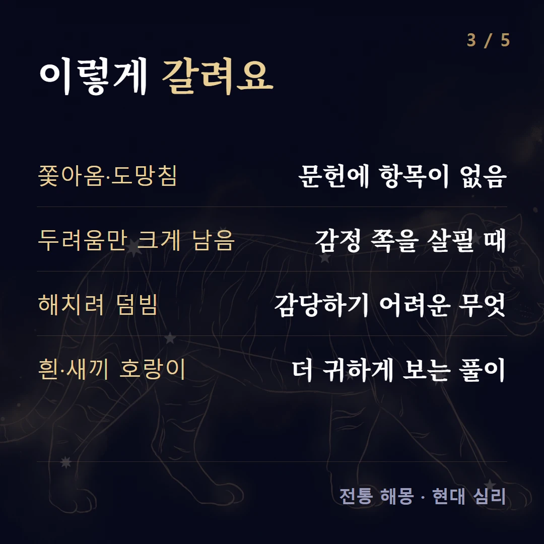 이렇게 갈려요 — 쫓아옴·도망침 문헌에 항목이 없음, 두려움만 크게 남음 감정 쪽을 살필 때, 해치려 덤빔 감당하기 어려운 무엇, 흰·새끼 호랑이 더 귀하게 보는 풀이
