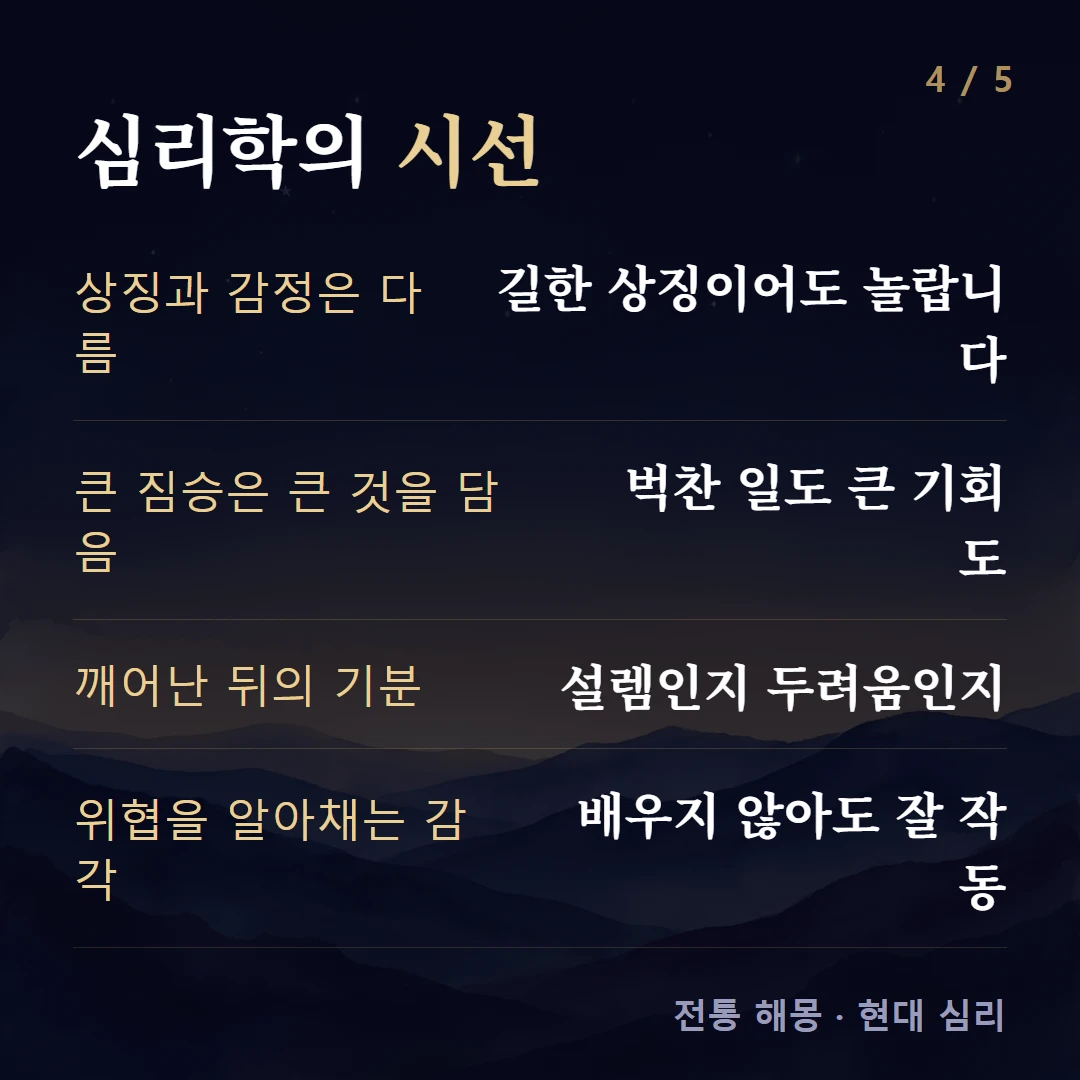 심리학의 시선 — 상징과 감정은 다름 길한 상징이어도 놀랍니다, 큰 짐승은 큰 것을 담음 벅찬 일도 큰 기회도, 깨어난 뒤의 기분 설렘인지 두려움인지, 위협을 알아채는 감각 배우지 않아도 잘 작동