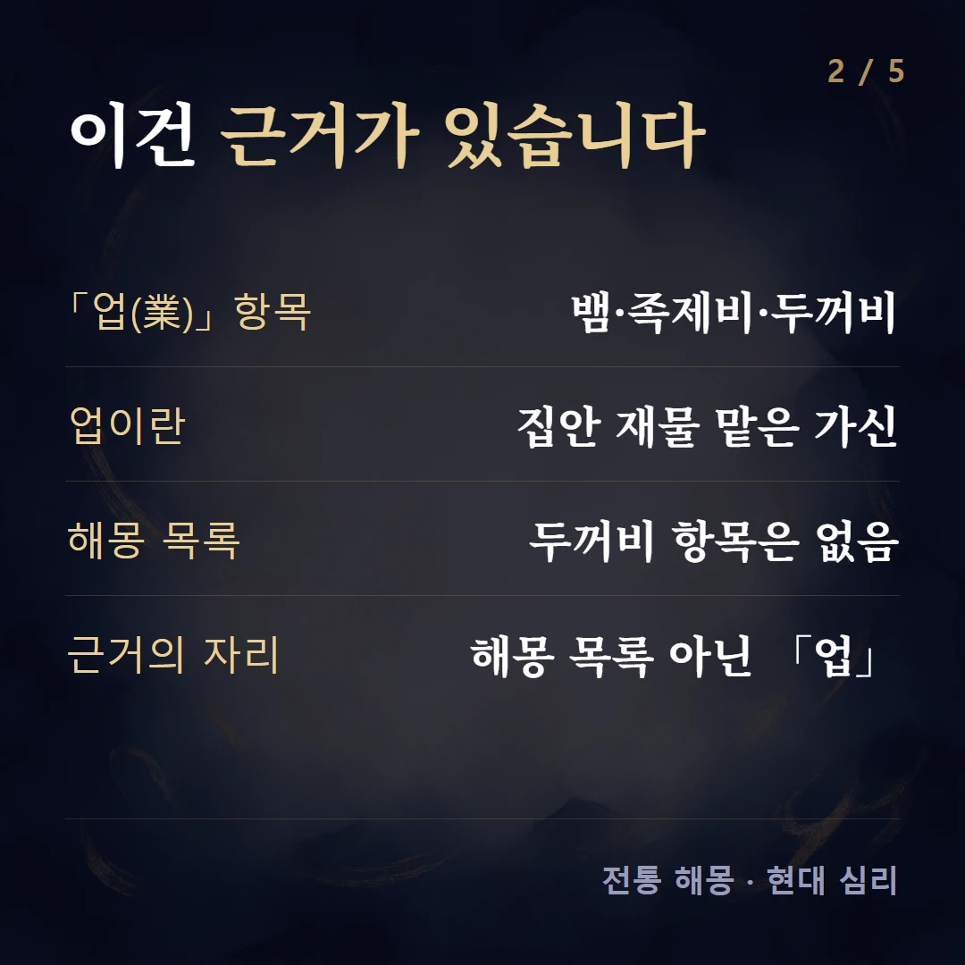 이건 근거가 있습니다 — 「업(業)」 항목 뱀·족제비·두꺼비, 업이란 집안 재물 맡은 가신, 해몽 목록 두꺼비 항목은 없음, 근거의 자리 해몽 목록 아닌 「업」