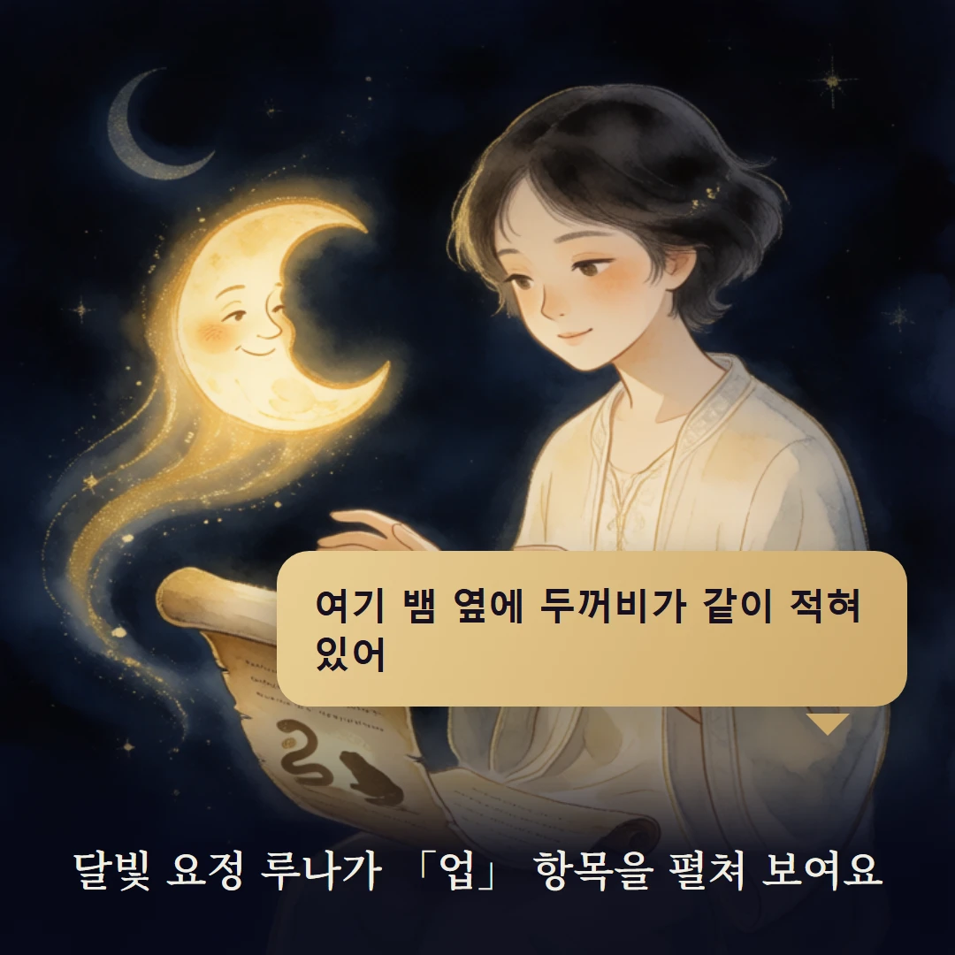 이야기 2컷 — 달빛 요정 루나가 「업」 항목을 펼쳐 보여요
