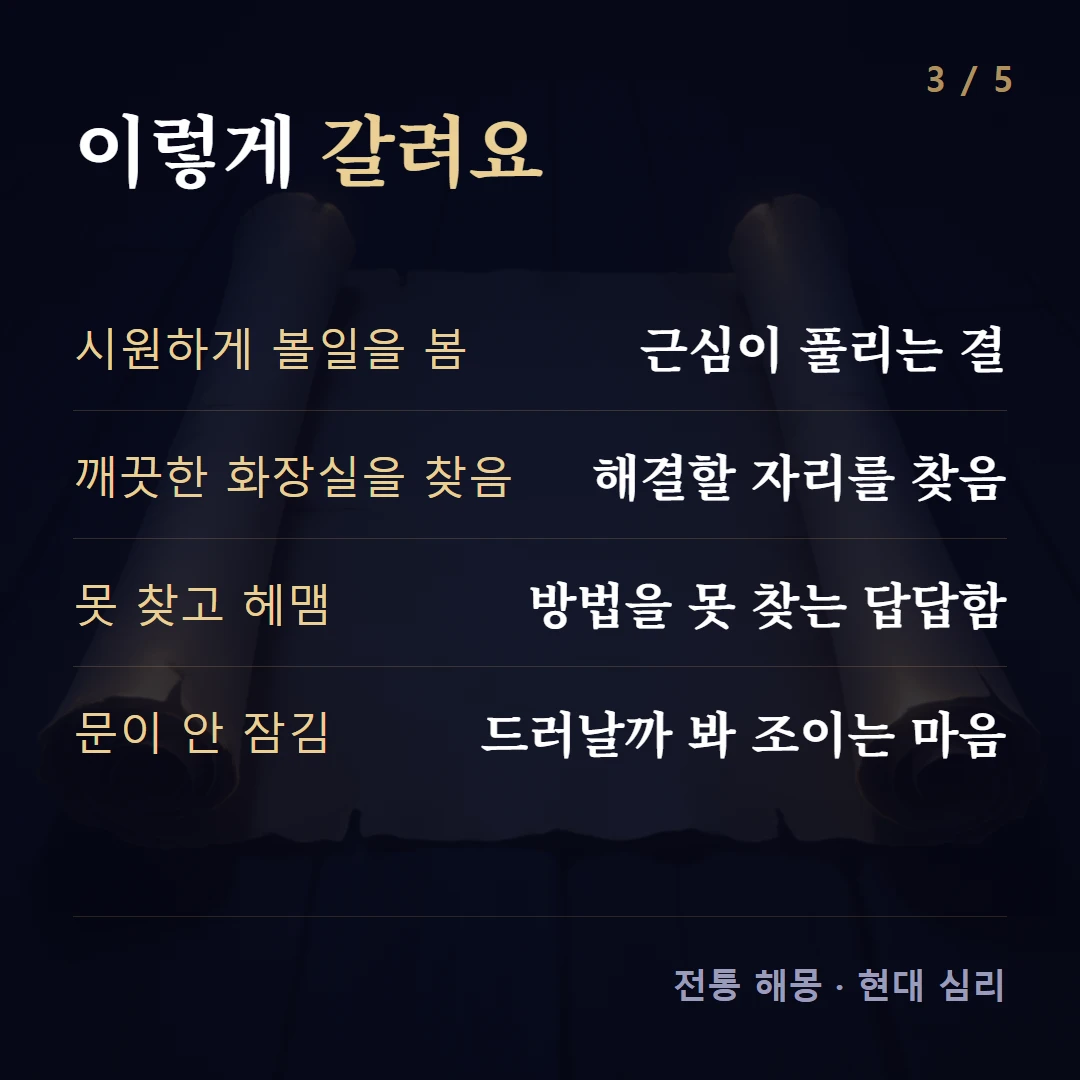 이렇게 갈려요 — 시원하게 볼일을 봄 근심이 풀리는 결, 깨끗한 화장실을 찾음 해결할 자리를 찾음, 못 찾고 헤맴 방법을 못 찾는 답답함, 문이 안 잠김 드러날까 봐 조이는 마음
