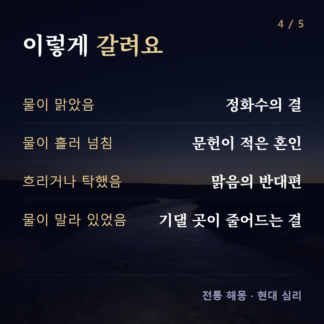 이렇게 갈려요 — 물이 맑았음 정화수의 결, 물이 흘러 넘침 문헌이 적은 혼인, 흐리거나 탁했음 맑음의 반대편, 물이 말라 있었음 기댈 곳이 줄어드는 결