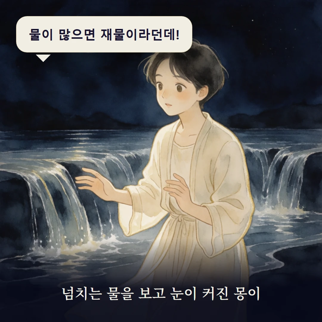 이야기 1컷 — 넘치는 물을 보고 눈이 커진 몽이