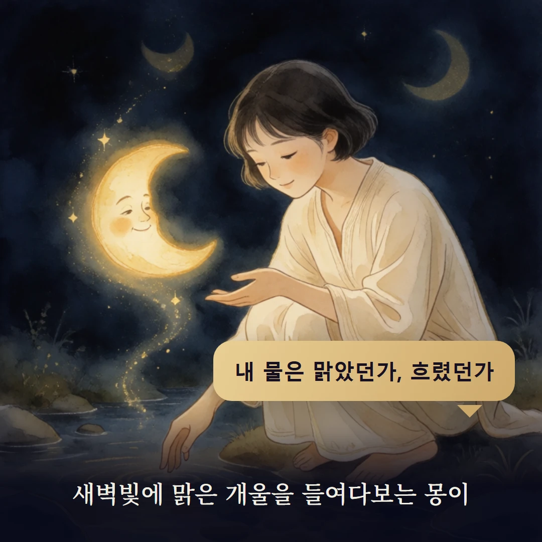 이야기 4컷 — 새벽빛에 맑은 개울을 들여다보는 몽이
