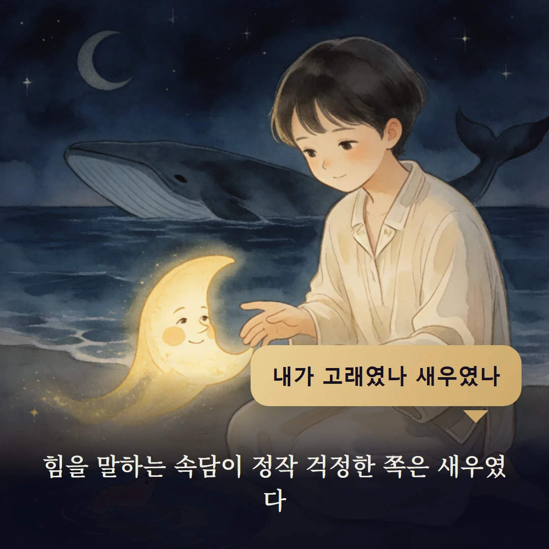이야기 4컷 — 힘을 말하는 속담이 정작 걱정한 쪽은 새우였다